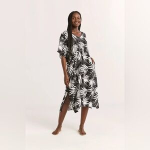 Joyspun Sleepwear Woven 46” Caftan Nightgown Black White Palm Swim Cover-Up
